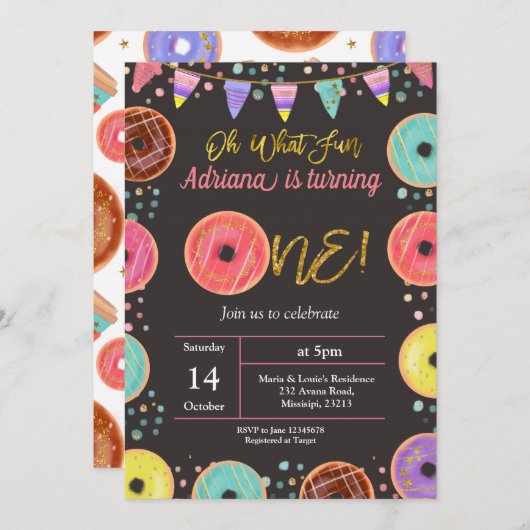 ファーストバースデーパーティードーナウトテーマ招待状 招待状 (正面/裏面)