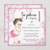 ファーストバースデーパーティーピンクグリッター女子 招待状 (正面/裏面)