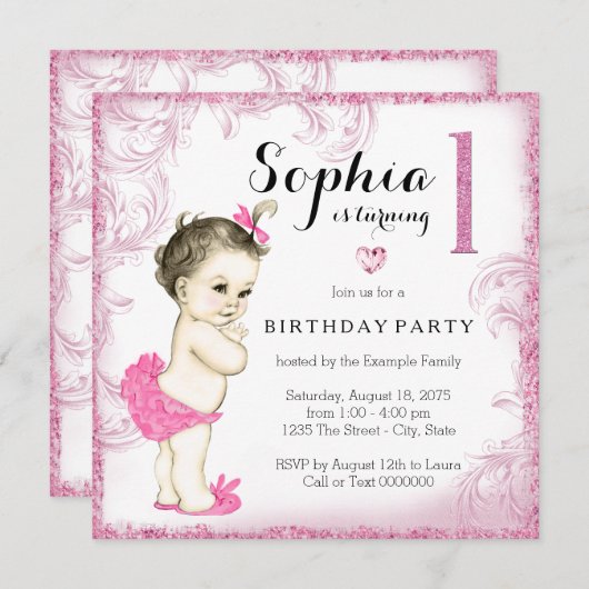 ファーストバースデーパーティーピンクグリッター女子 招待状 (正面/裏面)
