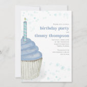 ファーストバースデーパーティーブルーカップケーキ 招待状 (正面)