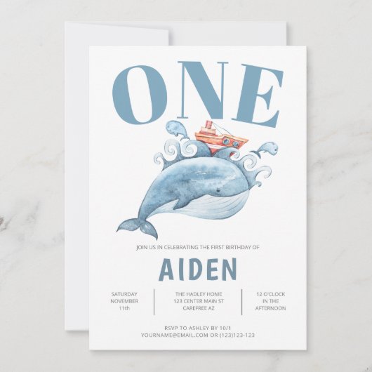 ファーストバースデーパーティーブルークジラ招待状 招待状 (正面)