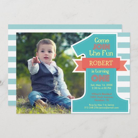 ファーストバースデーパーティーブルーボーイ招待状 招待状 (正面/裏面)