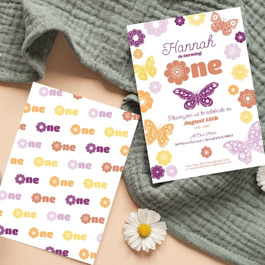 ファーストバースデーパーティーレトロバタフライ誕生日 招待状