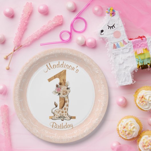 ファーストバースデーピンクガールベビーキリン紙プレート ペーパープレート (パーティー)