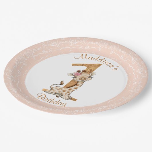 ファーストバースデーピンクガールベビーキリン紙プレート ペーパープレート (アングル)