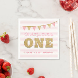 ファーストバースデー おめでとう！ピンクとゴールドの1歳の誕生日 スタンダードカクテルナプキン