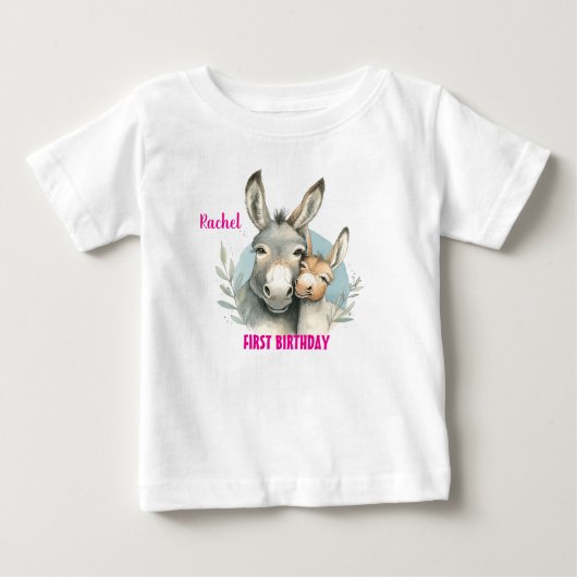 ファーストバースデー かわいい ロバ 名入れ ベビーTシャツ (正面)