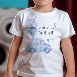 ファーストバースデー バレンタイン ブルー バルーンと車 ベビーTシャツ