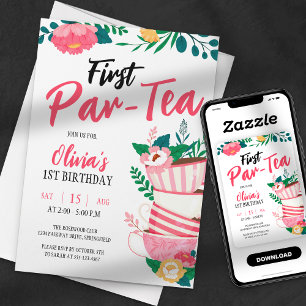 ファーストパーティー お茶の時間 ピンクフラワーティーパーティー 誕生日 招待状