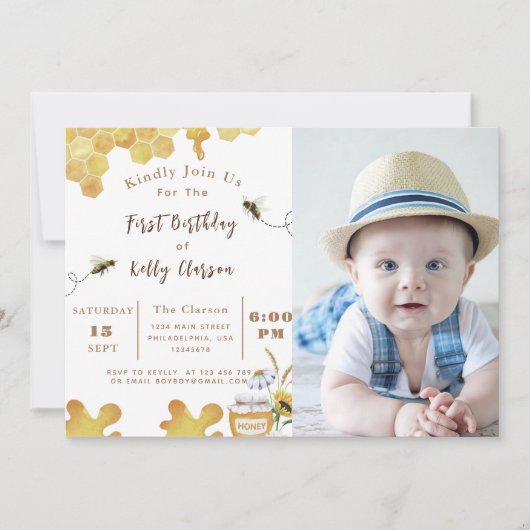 ファーストビー誕生日イエロービー&ヒマワリ写真 招待状 (正面)