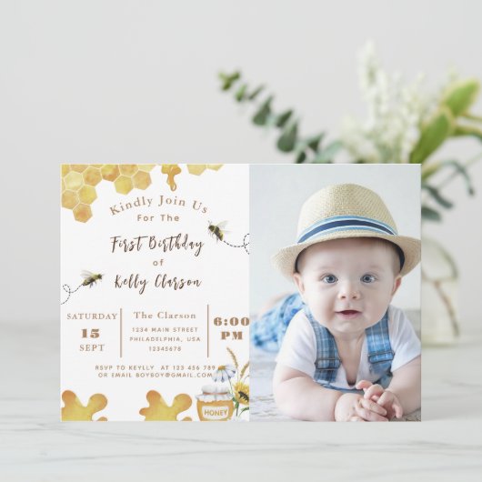ファーストビー誕生日イエロービー&ヒマワリ写真 招待状 (スタンド正面)