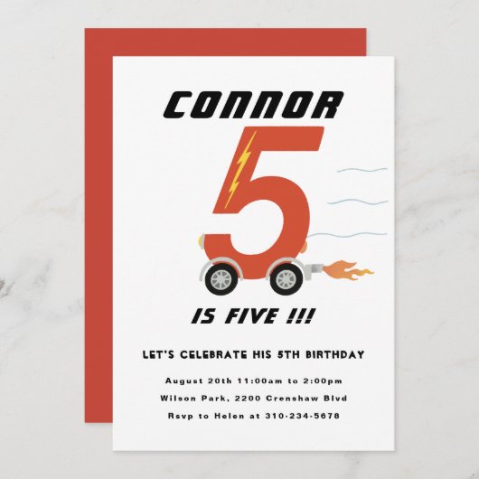 ファーストファイブのレースカー5番目の誕生日パーティー 招待状 (正面/裏面)