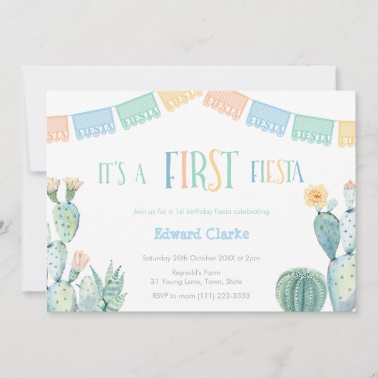 ファーストフィエスタイエローブルーサボテン1st誕生日パーティー 招待状 (正面)