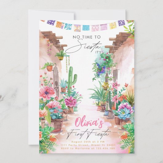 ファーストフィエスタサボスウォーターカラーガールファースト誕生日 招待状 (正面)