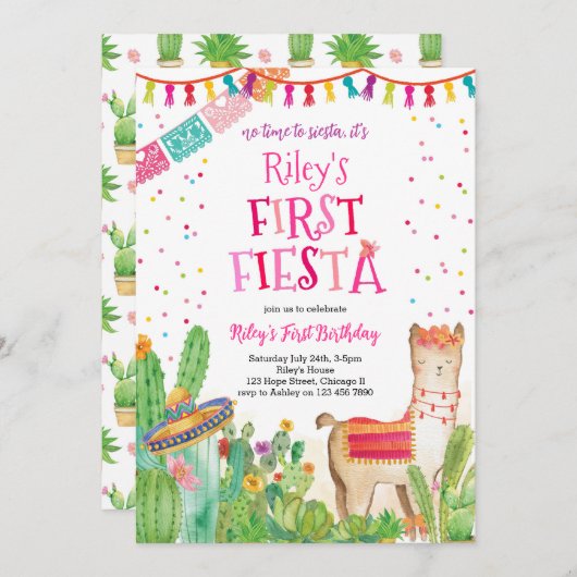 ファーストフィエスタラマカトゥスガール誕生日招待状 招待状 (正面/裏面)