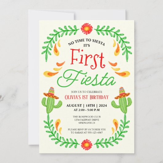 ファーストフィエスタ – かわいいサボテンの女の子1st誕生日 招待状 (正面)