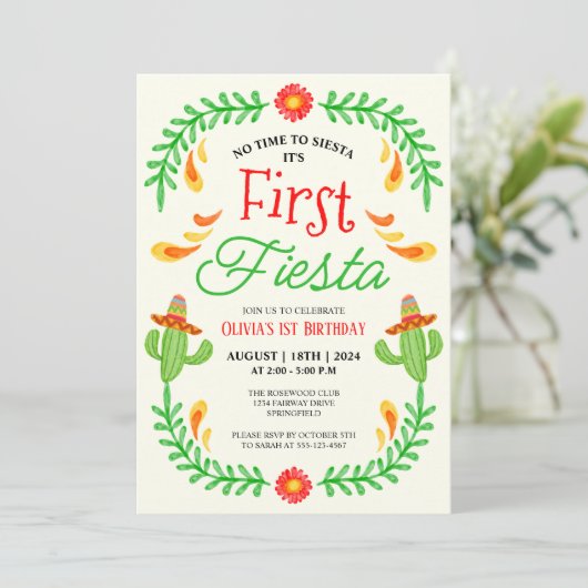 ファーストフィエスタ – かわいいサボテンの女の子1st誕生日 招待状 (スタンド正面)