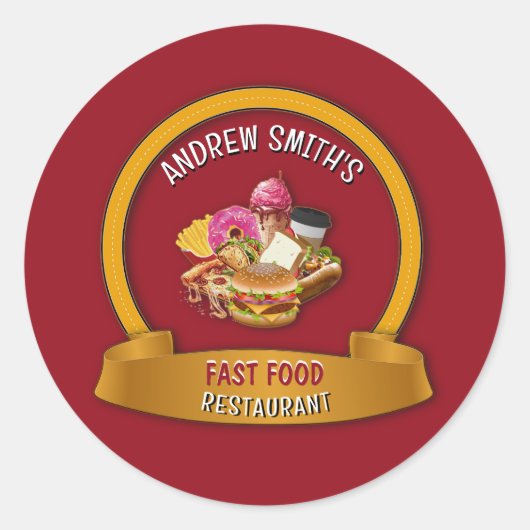 ファーストフードカスタムレストランのロゴ名とアイコン ラウンドシール (正面)