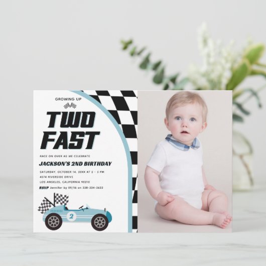 ファーストブルーレースカーの誕生日パーティー写真2枚 招待状 (スタンド正面)