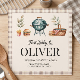 ファーストベイビーキューBBQ 1歳の誕生日 男の子 ブギンガムチェック 招待状