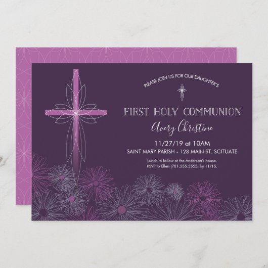 ファーストホリーコミュニオン招待状-ガールズフローラ 招待状 (正面/裏面)