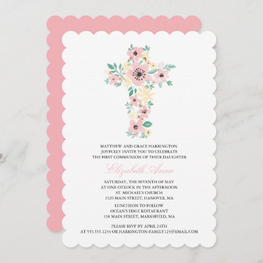 ファーストホーリーコミュニオンウォーターカラーフラワークロス 招待状 (正面/裏面)