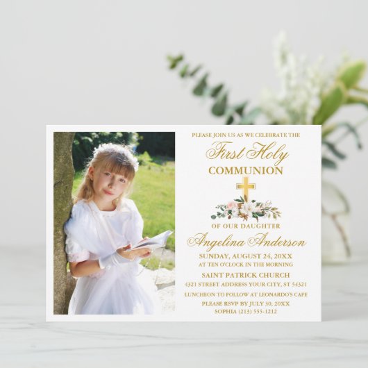 ファーストホーリーコミュニオンウォーターカラーマグノリア金ゴールド 招待状 (スタンド正面)