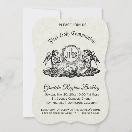ファーストホーリーコミュニオンエンジェルホワイトレース招待状 招待状 (正面)