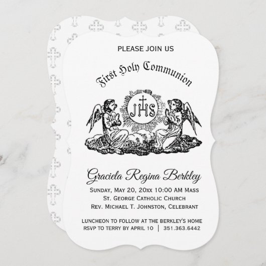 ファーストホーリーコミュニオンエンジェル白黒招待状 招待状 (正面/裏面)
