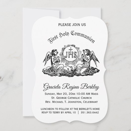 ファーストホーリーコミュニオンエンジェル白黒招待状 招待状 (正面)