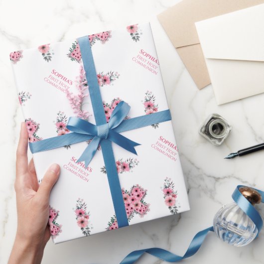 ファーストホーリーコミュニオンガールシックピンクフラワークロス ラッピングペーパー (ギフト)