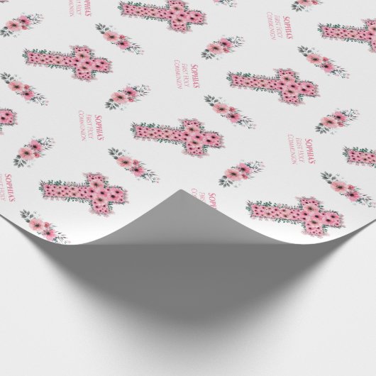 ファーストホーリーコミュニオンガールシックピンクフラワークロス ラッピングペーパー (角)