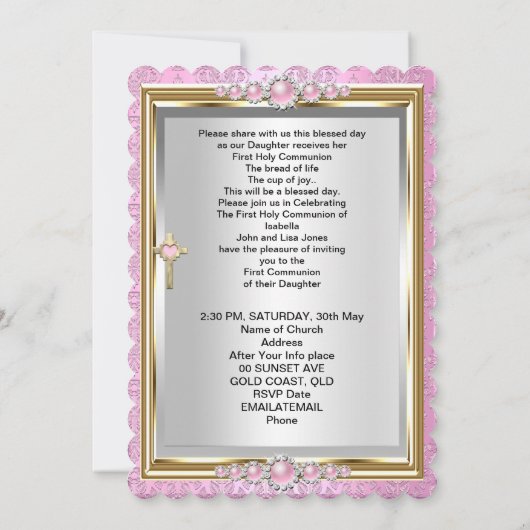 ファーストホーリーコミュニオンガールズピンクパールダマスク 招待状 (裏面)