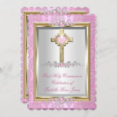 ファーストホーリーコミュニオンガールズピンクパールダマスク 招待状 (正面/裏面)