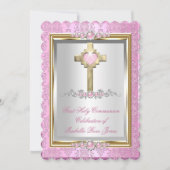 ファーストホーリーコミュニオンガールズピンクパールダマスク 招待状 (正面)