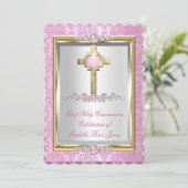 ファーストホーリーコミュニオンガールズピンクパールダマスク 招待状 (スタンド正面)