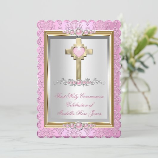 ファーストホーリーコミュニオンガールズピンクパールダマスク 招待状 (スタンド正面)