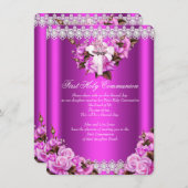 ファーストホーリーコミュニオンガールズホットピンクパールレース 招待状 (正面/裏面)