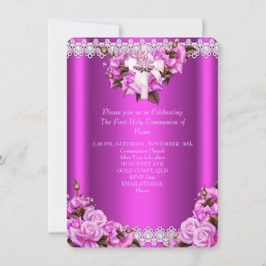 ファーストホーリーコミュニオンガールズホットピンクパールレース 招待状 (裏面)