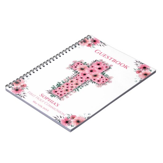 ファーストホーリーコミュニオンクロスピンクフラワーゲストブック ノートブック (左側)