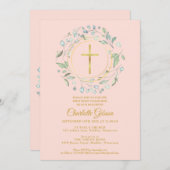 ファーストホーリーコミュニオングリーンリー赤面ピンク金ゴールド 招待状 (正面/裏面)