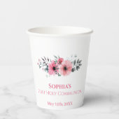 ファーストホーリーコミュニオンシックな女の子ピンクフラワークロス 紙コップ (裏面)