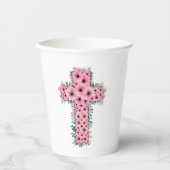 ファーストホーリーコミュニオンシックな女の子ピンクフラワークロス 紙コップ (正面)
