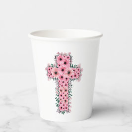 ファーストホーリーコミュニオンシックな女の子ピンクフラワークロス 紙コップ