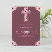 ファーストホーリーコミュニオンシックな女の子ピンクフラワークロスI 招待状 (スタンド正面)