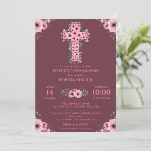 ファーストホーリーコミュニオンシックな女の子ピンクフラワークロスI 招待状 (スタンド正面)