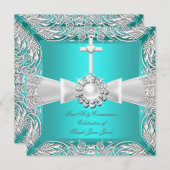 ファーストホーリーコミュニオンティール(緑がかった色)ホワイトシルバーガールボーイ2 招待状 (正面/裏面)