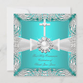 ファーストホーリーコミュニオンティール(緑がかった色)ホワイトシルバーガールボーイ2 招待状 (正面)