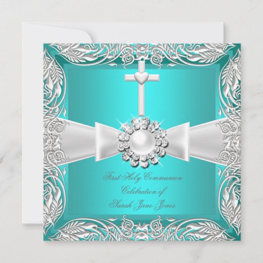 ファーストホーリーコミュニオンティール(緑がかった色)ホワイトシルバーガールボーイ2 招待状 (正面)