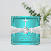 ファーストホーリーコミュニオンティール（緑がかった色）ホワイトシルバーガールボーイ 招待状 (スタンド正面)